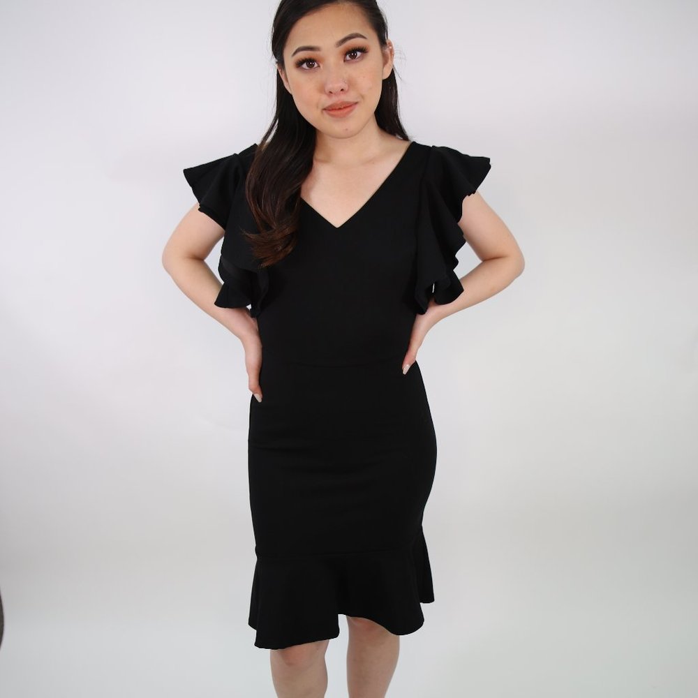 Solid Black Ruffled Asymmetrical Dress w/ Back Zip
